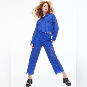 Blue Eyelet Embroidered Pants & Shirt Set